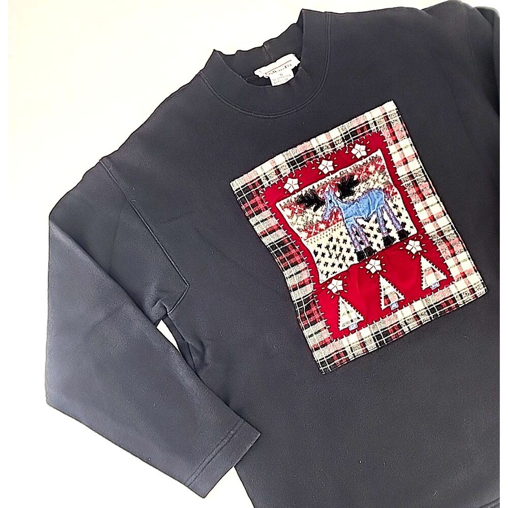 Vintage Talbots Sz S | Black Quilted Plaid Christmas Crewneck Sweatshirt Grandma